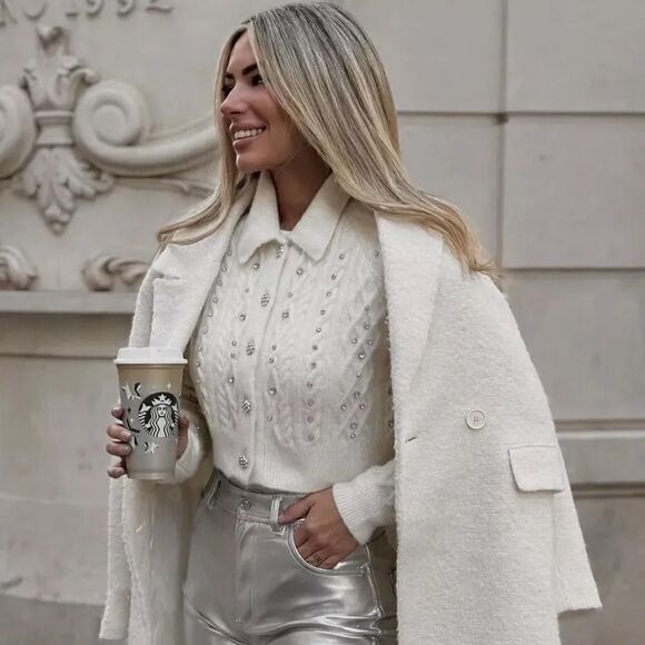 ZARA RHINESTONE KNIT CARDIGAN - Picture 4 of 12